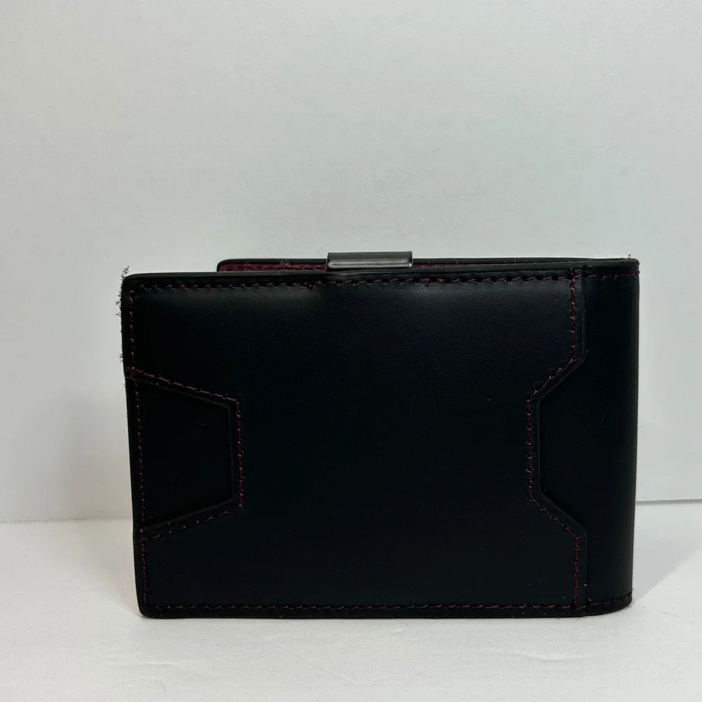 Aspiro Mens Black Leather Bifold Wallet Burgundy Stitching Metal‎ Money Clip Box
